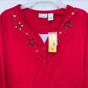 NWT Kim Rogers Red Layer Casual Snowflakes Tee S